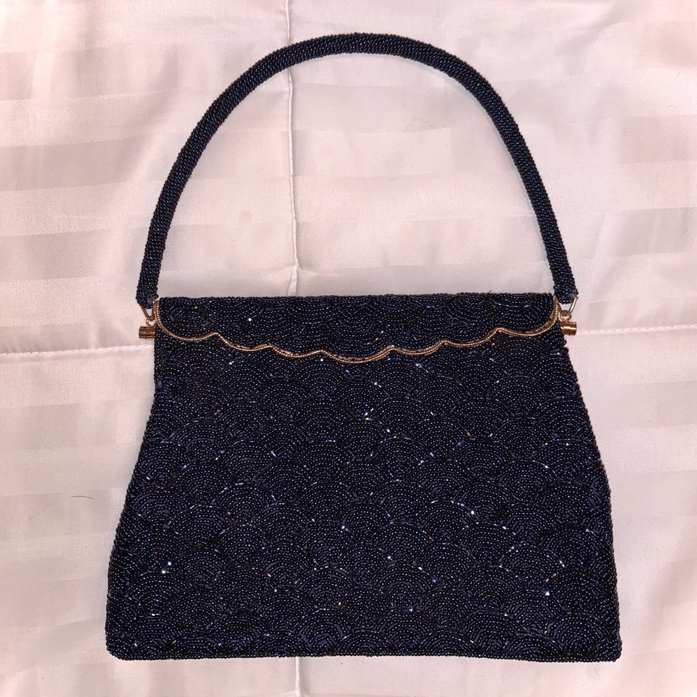 1950’s FORMAL PURSE DARK BLUE BEADED EVENING BAG - Picture 8 of 8